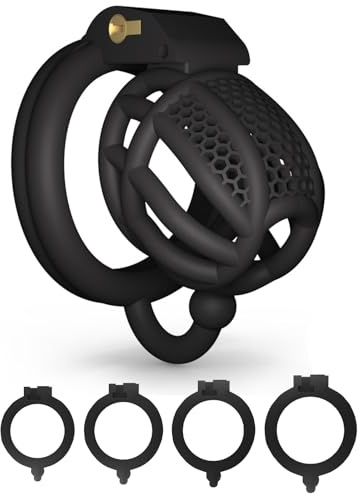 AMAZBEE Chastity Cage Male Aeration Penis Cage Honeycomb Chastity Devices for Men Cock Cage with 4 Hooked Penis Ring Adult Sissy Chastity Bondage Sex Toys (Large,Black)