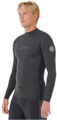 RIP CURL Mens Dawn Patrol Performance UPF Long Sleeve Rash Vest Top - Black Marled - UV Sun Protection and SPF