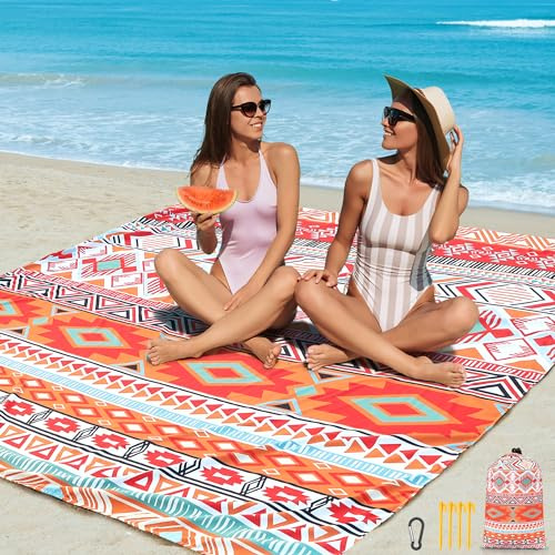 HIHOHO Beach Blanket, Sandproof Beach Mat, Waterproof Quick Drying Lightweight Outdoor Aztec Picnic Mat 79 X 83/120x108 for 2-8 Adults for Travel, Camping, Hiking
