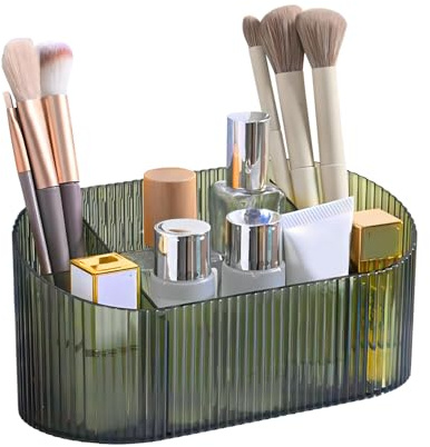 DASITON Makeup Organiser, 5 Slots Makeup Brush Holder Storage Cup, Vintage Striped Make Up Brush Holder Cosmetic and Skincare Organiser for Dressing Table, Vanity, Bathroom, Desktop (Green)