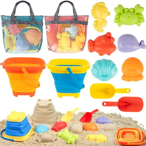 Beach Sand Toys for Kids with 2 Collapsible Beach Sand Buckets, Big Size Sand Molds, 2 Mesh Shell Bags, Shovels Toy Set Summer Travel Beach Essentials Sandbox Outdoor Toys for Toddler Ages 3-10