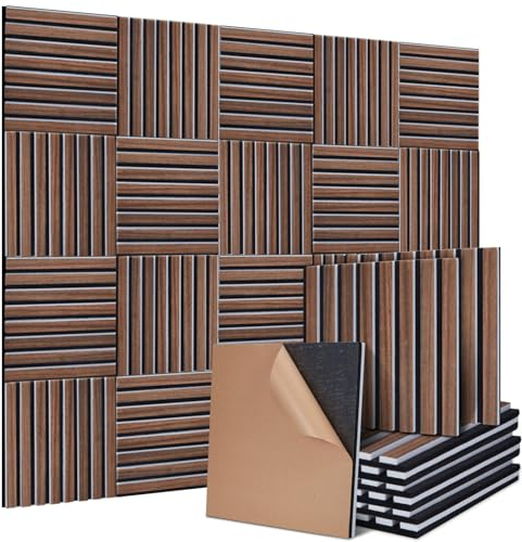 Ensemble de panneaux acoustiques carrés, comprenant 4 pièces de 30 x 32 cm chacune - Panneau en fibres de couleur noyer sur feutre acoustique, revêtement mural pour salon, bureau à domicile et studio.