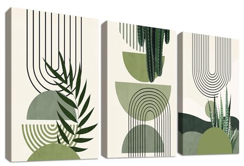 3 Pcs Wooden Framed Canvas Wall Art Set Bohemian Sage Green Canvas Prints Poster Geometric Line Beige Green Pictures for Living Room Bedroom Dinning Room Hallway Stairs Wall Decor 30x40cm x3pcs