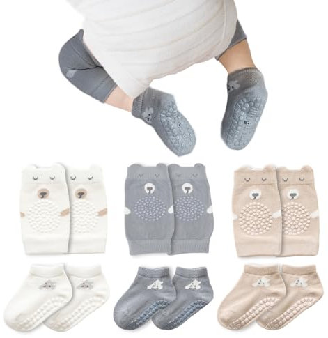 TNSLAND Knieschoner Baby zum Krabbeln 3 Paar Knieschoner Baby und 3 Paar Krabbelsocken Baby Anti Rutsch Krabbel Krabbelschoner mit Gummipunkte Knie Socken Krabbelhilfe Jungen Mädchen 0-6 Monate