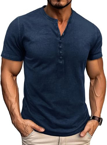 LAOARA Men's T-Shirts Henley Tee Shirts for Men Summer Cotton Grandad Button Vintage Casual Tops M-3XL