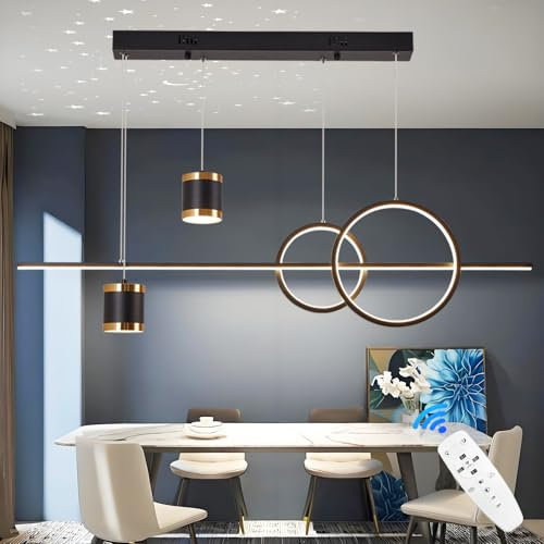 TJSC Lampada a Sospensione Moderna a LED, 50W Dimmerabile Lampadario da Tavolo da Pranzo, Lampadario Soggiorno con Telecomando, Regolabile Altezza Cucina Lampadari, Soffitto Cielo Stellato, Nero,120cm