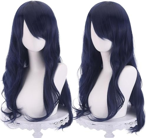 Färgglad panda 28 tum/70 cm lång vågig cosplay peruk för kvinnor, fullt hår med pony lång lockig syntetisk peruk för flickor, anime cosplay halloween kostym party peruk (mörkblå)