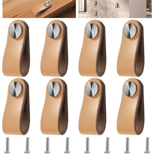 Dtoterul 8 Piezas Tiradores Cuero para Muebles Beige, Manija Del Gabinete de Cuero, Pomos de Piel para Armarios, Pomos Tiradores Cuero con Tornillos