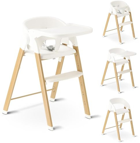 DERYAN Hochstuhl Baby & Kleinkind – Faltbarer Mitwachsender Holzhochstuhl – Inklusive 5 Punkt Gurt - Höhenverstellbar & Klappbar – Inkl. Sicherheitsgurt & Tablett – Weiß/Holz