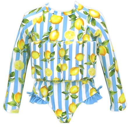 Toddler Girls' One-Piece Premium Swimsuit - Bathing Suit with Built-in Buoyancy, Soft Stretch Fabric - Lemon Print Float Swim Suit for Pool/Beach (4T)