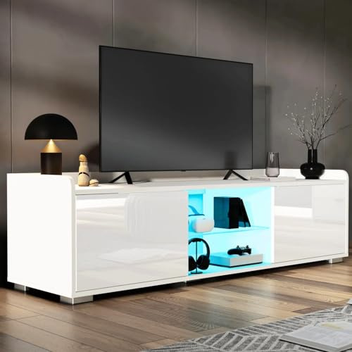 Blisswood 140cm White TV Unit – Modern LED TV Stand Cabinet with 20-Colour Remote-Controlled Lights, High Gloss Doors, Glass Shelf, Side Cupboards & Storage, Suitable for 43–55” TVs