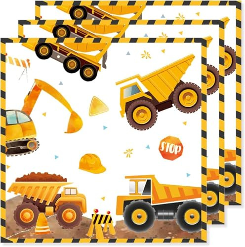 Construction Truck Party Napkins, 40PCS Digger Excavator Dump Truck Theme Paper Napkins, 2-Ply Disposable Construction Tableware for Boys Birthday Decorations, Picnic, Camping and Outdoor Events