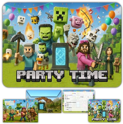 Glowiibo 12 biglietti d'invito di compleanno per Minecraft con buste abbinate, per bambini, ragazzi e inviti precompilati in inglese per feste di compleanno o celebrazione