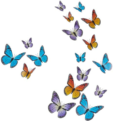 CREATCABIN 36 pièce de 3 Papillons Monarques Décoratifs Artificiels Jaune Bleu Violet en PVC 3D Réaliste Autocollants Muraux pour Loisirs Créatifs Décoration de Maison Mariage Anniversaire etc.