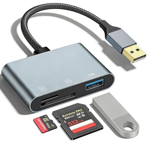 3-i-1 SD-kortläsare USB, aluminiumkamera minneskortläsare USB-A Micro SD-kort adapter kompatibel med PC, bärbar dator, dator, spårkamera, SDXC, micro SDHC, SD, MMC, TF, RS-MMC, Plug & Play