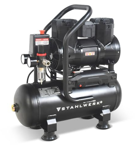 STAHLWERK Compressore con serbatoio da 10 L (ST-110 Pro) – senza olio & silenzioso, 8 bar, compressore d'aria con motori brushless, 1,97 CV, 1,45 kW, 250 l/min, compressore a pistoni silenzioso