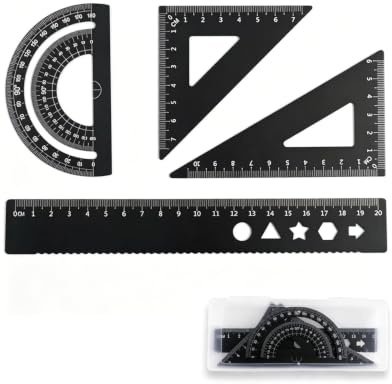 YIPFEN Ensemble équerre et reglet 20 cm, Kit géométrie 4 pièces noir avec boîtier de rangement, outils précis pour equerre ecole et dessin, organisation idéale