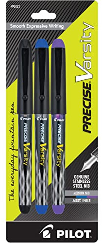 Pilot Precise Varsity Pre-Filled Fountain Pens for Writing, Medium Point Stainless Steel Nib, Black/Blue/Purple Ink, 1.0mm, 3-Pack