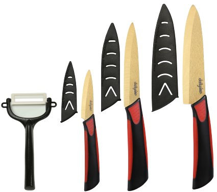 Dailycious ®, Lot de 4 pièces Céramique TITANIUM lame Gold// Manche Bi-Color ABS Noir/Silicone Rouge //1 Couteau chef 15cm +1 Couteau universelle 12,5cm + 1 Couteau office 7,5cm + 1 éplucheur + fourreaux de protection
