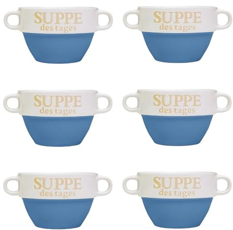 6er Set Suppentasse Suppen Tasse Suppenschüssel Schüssel Suppenterrine Landhaus Suppentassen 8 cm Ø 13 cm Suppenschalen für 6 Personen aus Porzellan, Schalen Füllmenge: 550 ml, mit Henkeln Blau