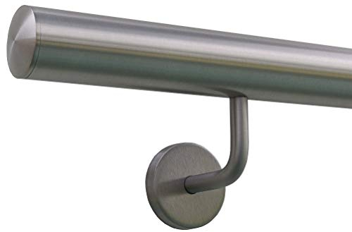 TIBU Handlauf Edelstahl 33,7 mm Geländer 0,3m - 6m, Länge 80 cm, Ende leicht gewölbte Kappe und gewinkelte Halter