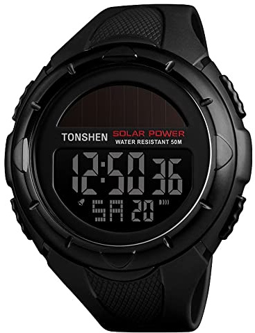 TONSHEN Digital Solar Reloj de Hombre Mujer LED Electrónica Alarma Cronómetro Impermeable 50M Resistente al Agua Outdoor Militar Multifuncional Plastico Deportivo Relojes de Pulsera (Negro)