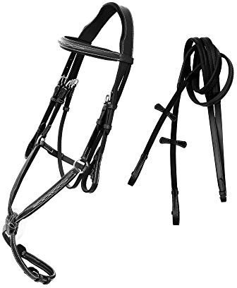 Exion Jumping Horse Bridle | Anatomical Figure 8 Bridle with Fancy Stitching & Padded Grackle Noseband | Rubber Grip Reins & SS Buckles | English Tack for Equestrian Show & Training