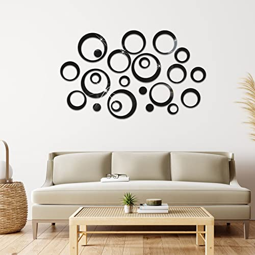Adesivi Murali Cerchio di Cristallo 3D. Acrilico Specchio Adesivi Murali Camera.Adesivo da Parete Rotondo per Camera Soggiorno Decorazione DIY Casa. (24 Pezzi, Colore Nero)