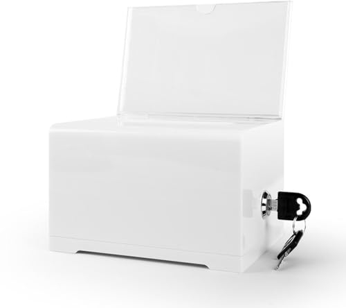 Boîte de donation blanche avec serrure, urne avec porte - logo, conteneur de rangement de boîte de suggestion de vote, boîte de tirage, pot de pourboire de 6,2 pouces x 4,6 pouces x 4,0 pouces