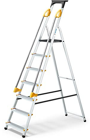 Escalera de 7 peldaños DURAMP segura con rampas, estante portaherramientas, estribo plegable aluminio, altura plataforma 140 cm, garantía de 5 años Hoström