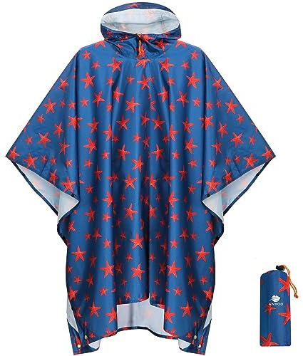 ANYOO Leichter Wasserdichter Regenponcho Herren und Damen Regenjacken Ripstop Atmungsaktiver Mehrzweck Regenmantel mit Kapuze für Outdoor Wandern Camping Angeln, Seestern, Einheitsgröße