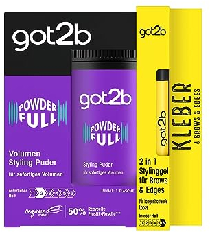 got2b Styling Puder Powderfull, Haarpuder verleiht sofortiges Volumen direkt am Ansatz(1x10 g) & GOT2B 2in1 Stylinggel Kleber 4 Brows & Edges 1x16 ml