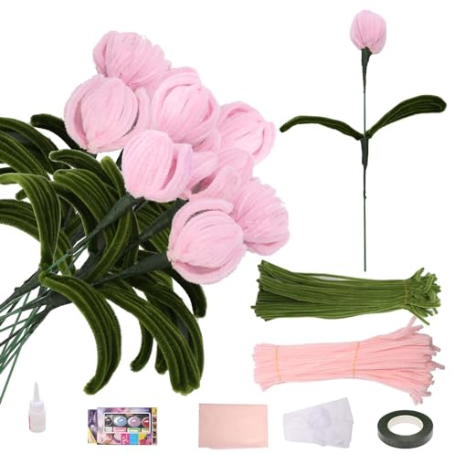 DATIFF 200 Stück Tulpe Blumenstrauß Pfeifenreiniger Rosa Grün Pfeifenputzer zum Basteln Bunt Basteldraht Chenilledraht DIY Geschenke für Mama Geburtstag Muttertag Mehrfarbig Dekorationen