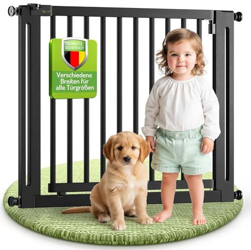 BOMI Tuerschutzgitter Miko PEFC Buchenholz | Ohne Bohren |für Babys, Kleinkinder & Tiere | 90° Feststell-Funktion | Gitter Schutz schwarz für Kinder ohne Bohren | Klemmgitter | Breite: 133-141 cm