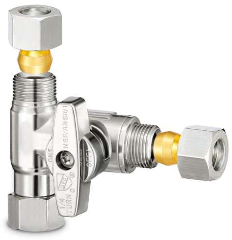 3/8 Brass Compression Angle Stop Valve, Water Line Splitter Connector Tee for Dishwasher, Commercial Sink Faucet, and Water Supply Line (Pack of 1)