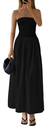 PRETTYGARDEN Women 2026 Summer Elegant Strapless Maxi Dress Tube Top Dress A Line Flowy Long Wedding Party Cocktail Dresses(Black,Medium)