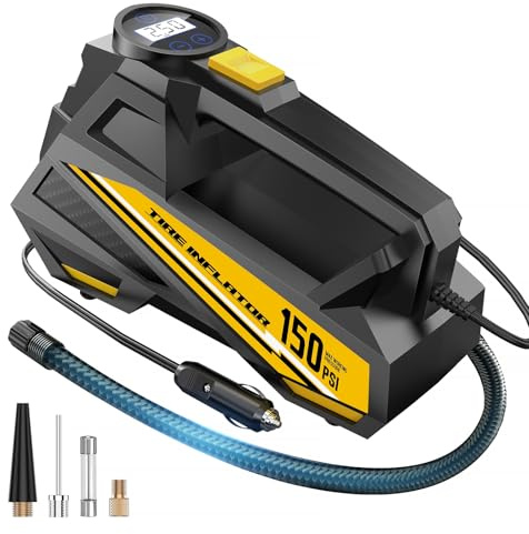 FLYKID Compresor de aire inflador de neumáticos de 12 V CC, bomba de neumáticos de coche de 150 PSI con 3 adaptadores de boquilla y luz de emergencia LED para coches, bicicletas y equipos deportivos