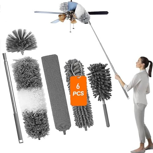 TIECHI 6 Stücke Staubwedel Teleskop, Staubwedel Lang Ausziehbar bis 245cm, Spinnenwebenentferner mit Edelstahl-Teleskopstange & Biegsamem Kopf, Waschbarer Staubwischer für Decken, Spinnweben, Lücken
