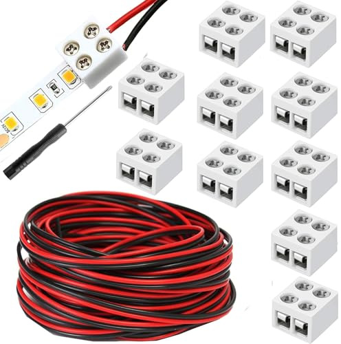 RUNCCI-YUN 10piezas conector cinta 5 V, 12 V, 24 V LED 2 pines 10 mm, con 5M 22AWG cable alargador tira LED con destornillador