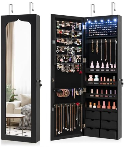 COSTWAY Smyckeskåp med LED-belysning, 6 lådor och speglar, hängande väggskåp för dörr och väggmontering, låsbart (svart)