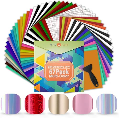 HTVRONT Permanent Vinyl for Cutting Machine- 57 Pack 12 x 12 Permanent Bundle, 52 Adhesive Vinyl Sheets and 5 Transfer Tape Sets for Party Decoration, Sticker