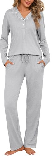 Jahetuul Pigiama Donna Cotone Lungo Pigiami Due Pezzi da Donna Invernale Maglia con Aperto Davanti e Bottoni e Pantaloni Lunghi con Tasche Comodo Casual