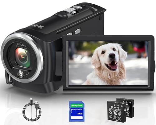 FANQUTU Camcorder Videokamera 2.7K 56MP Vlogging Camera für YouTube, 16X Digitalzoom 2,8 Zoll 270 Grad Drehung LCD -Bildschirm Camcorder mit LED-Fülllicht, 32 GB SD -Karte und Batterien