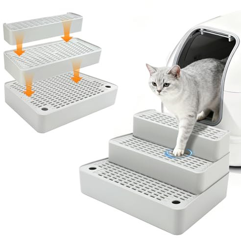 Midollarle Adjustable 3-Step Cat Ramp for Litter Box, Litter Trapper, Grey