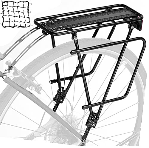YONTUO Rear Bike Rack, Bicycle Pannier Carrier with Reflector & Cargo Net, Height Adjustable, Fits 26–29 Inch & 700c Non-Disc Brake Bikes