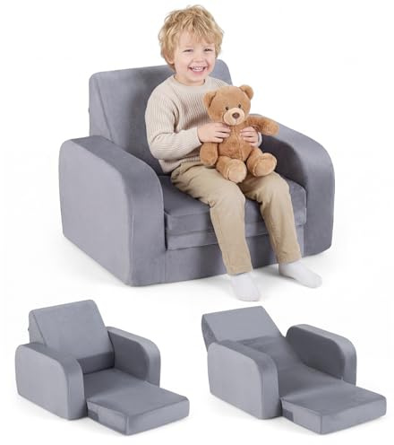 COSTWAY Children's Armchair, 3 in 1 Convertible Fold Out Kids Sofa Bed with Velvet Fabric, Mini Toddler Couch Seating Lounger Chair for Playroom Nursery (Grey, 50 x 43 x 37.5cm)