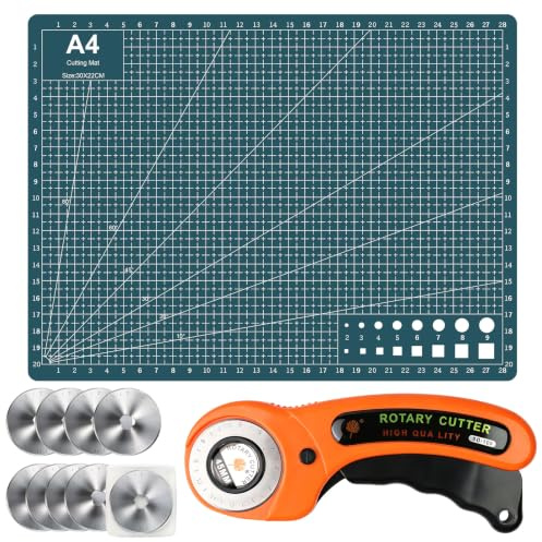 11PCS Rotary Cutter Kit, 45mm Rotary Cutter for Fabric with 8pcs Extra Blades, A4 Cutting Mat, Ergonomic Handle with Safety Lock, Rotary Fabric Cutter Wheel for Leather, Crafting, Sewing, Orange