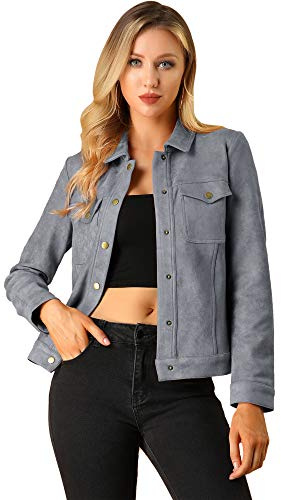 Allegra K Giacca da donna in finta pelle scamosciata con bottoni a pressione con colletto rovesciato, Grigio, Large