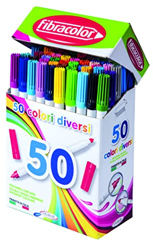 Fibracolor Marqueurs Bipunta 544, boîte compacte 50 pièces, 50 couleurs différentes, pointe conique et pointe fine, double trait d'écriture, superlavables