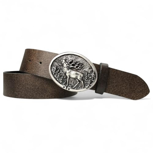 FRONHOFER Trachtengürtel Herren Echtleder 4 cm mit Hirsch Gürtelschnalle Silber 9 x 7,5 cm 135 g Druckknopf wechselbar Landhausmode Lederhose Jeans
